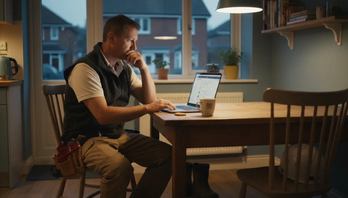 A British tradesperson reviewing accounting software on a laptop at a kitchen table after returning from work, workwear partially removed