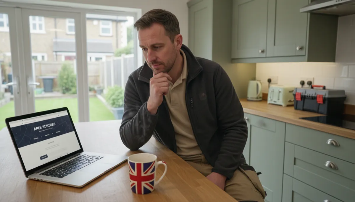 A British tradesperson in work clothes looking at a professional business website on a laptop in their kitchen