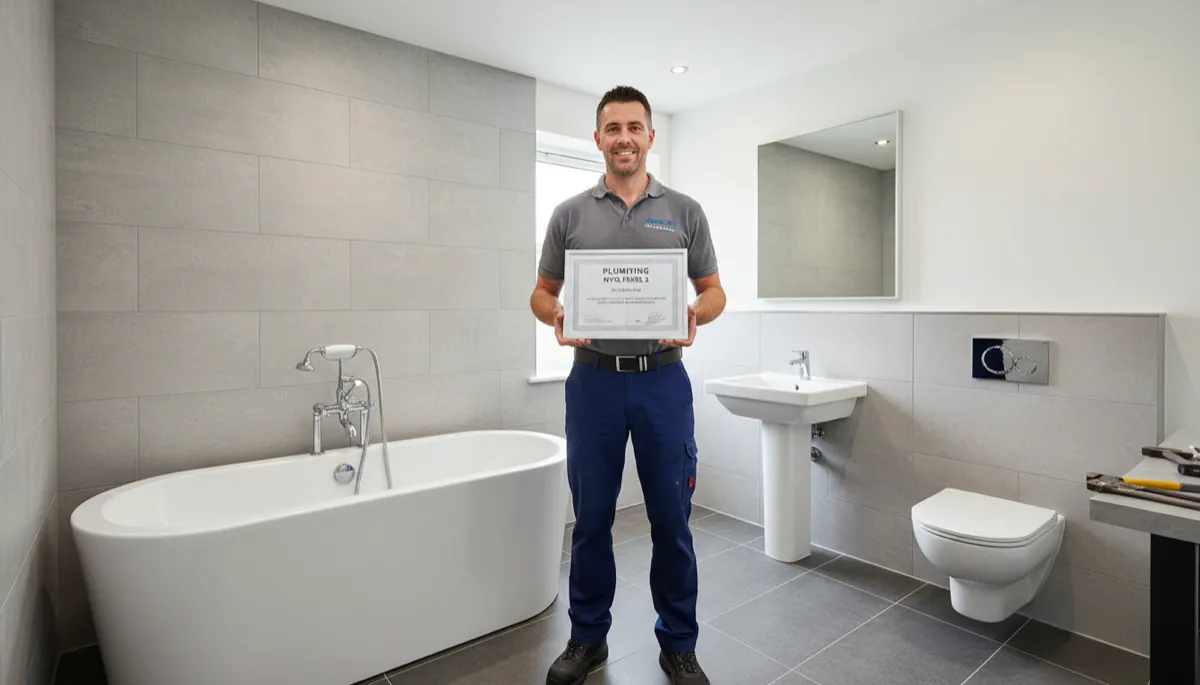 A bathroom fitter holding a plumbing NVQ certificate in a newly fitted bathroom