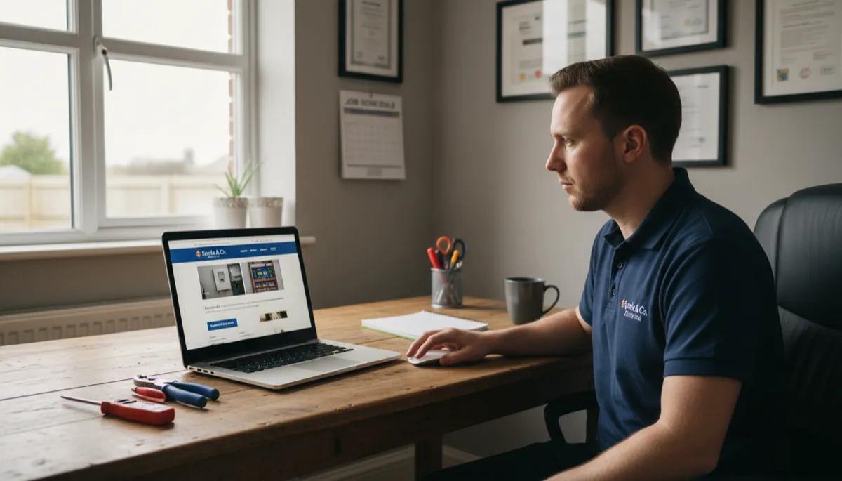 A British electrician in a navy polo looking at a professional business website on a laptop in a home office