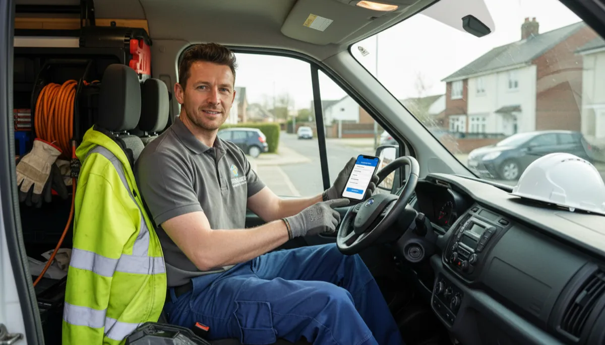 A British tradesperson using an invoicing app on a smartphone in their work van