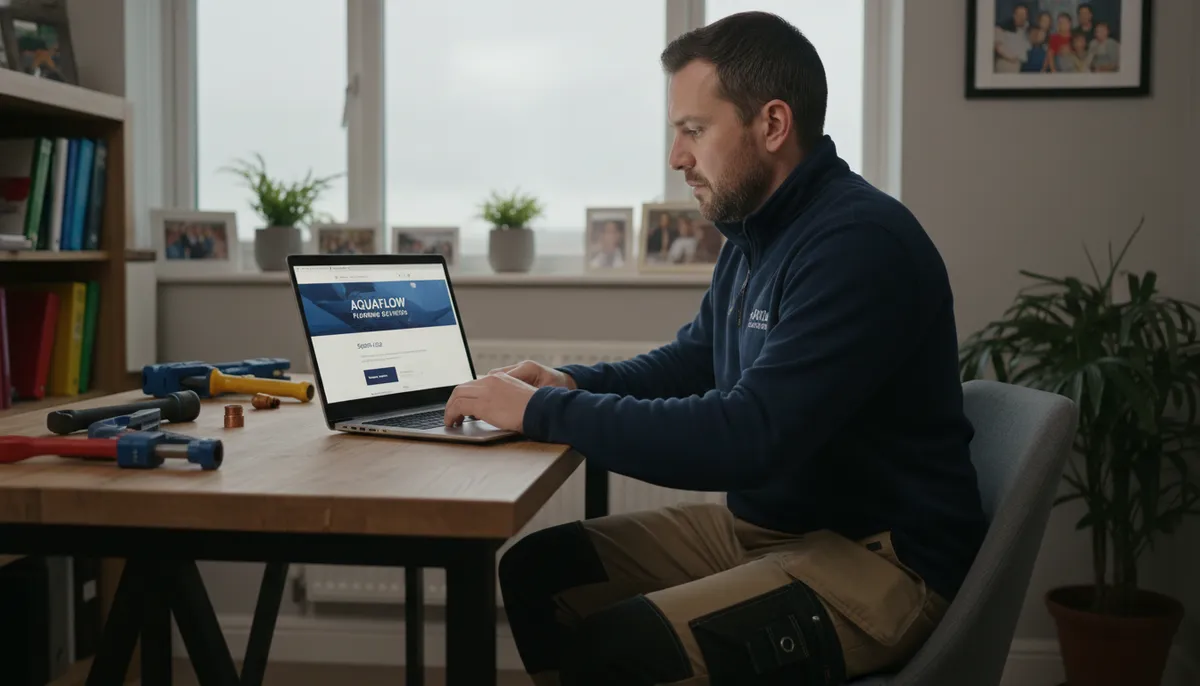 A tablet propped up on a kitchen counter showing a professional plumbing business website