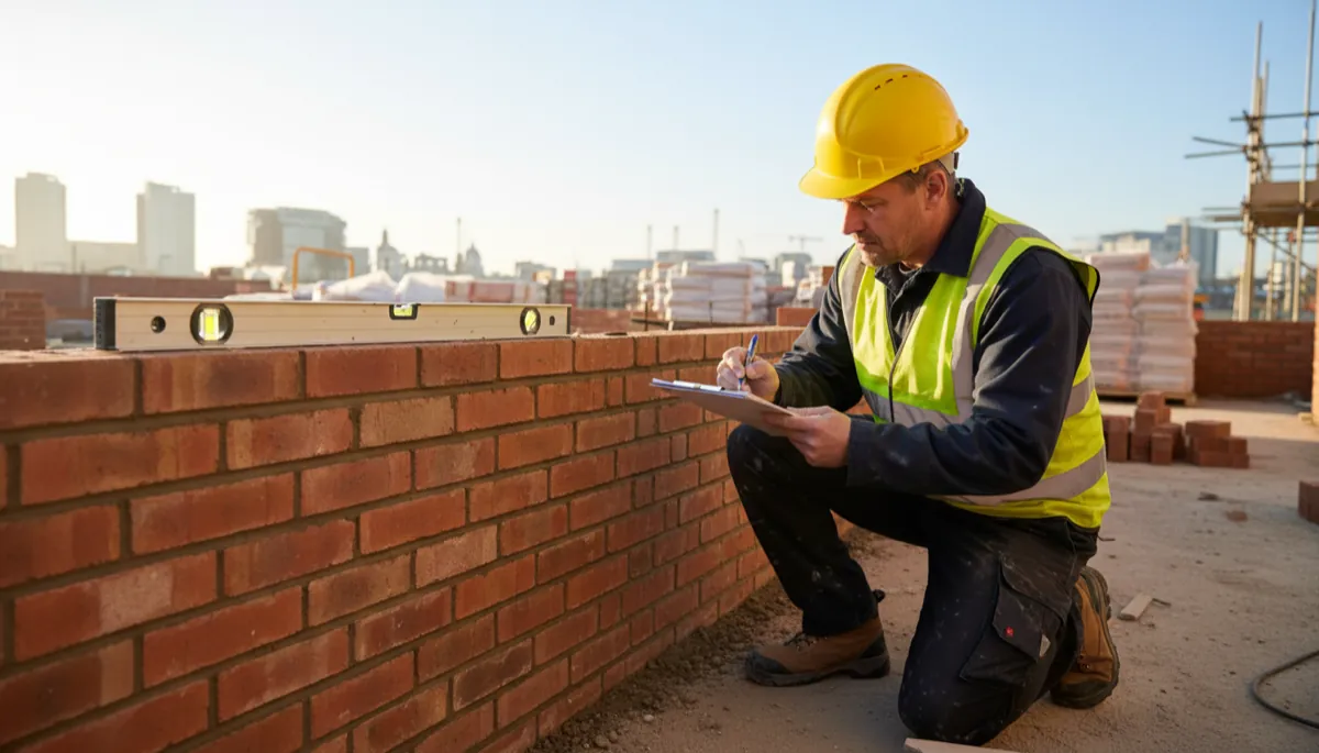 A British bricklayer writing a job quote on a notepad beside a half-built brick wall