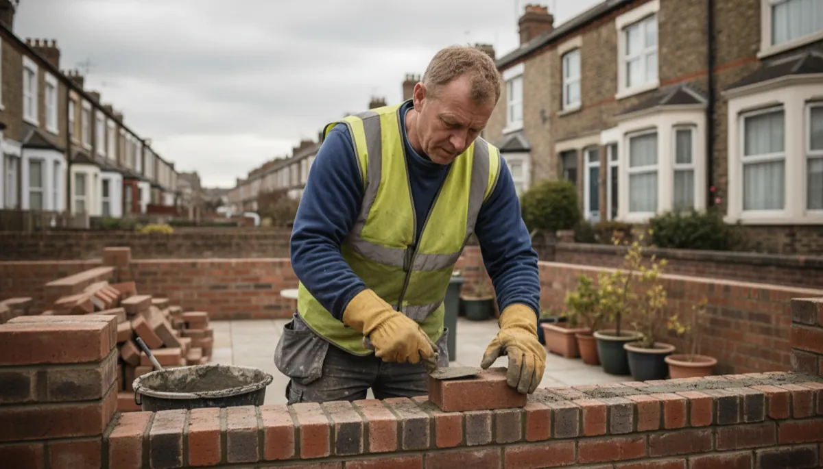 A British bricklayer in a hi-vis vest and work gloves laying bricks on a residential garden wall with a terraced street in the background