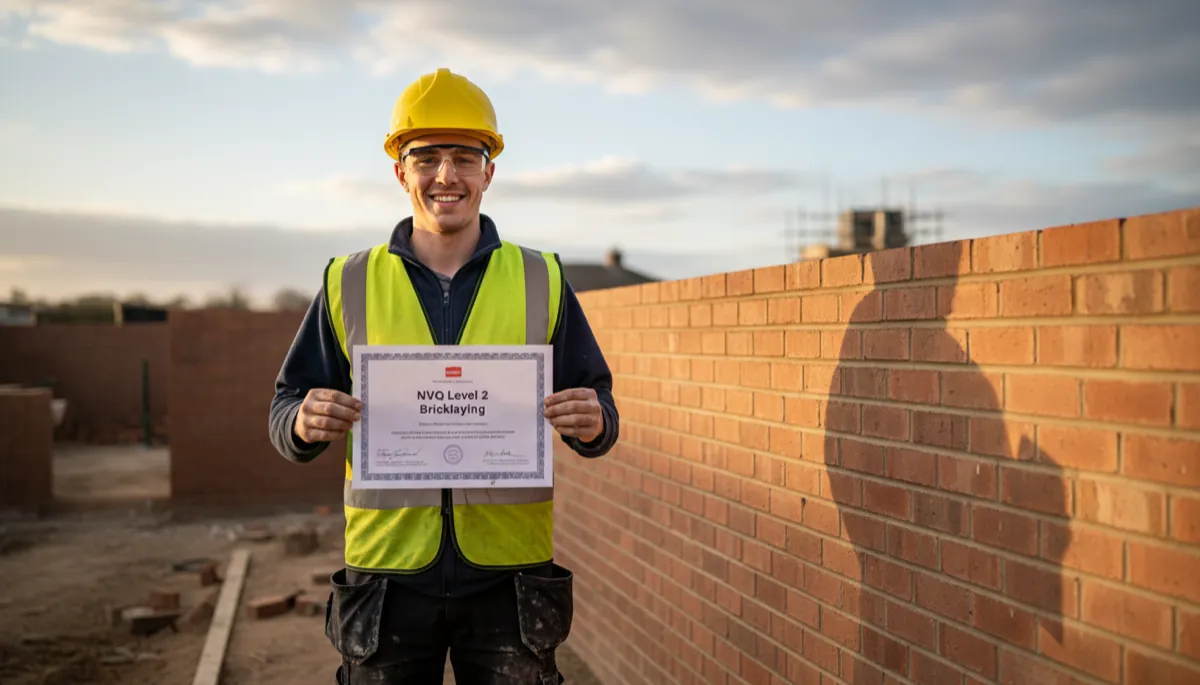 A British bricklaying apprentice holding an NVQ Level 2 Bricklaying certificate on a construction site, newly built brick wall behind him