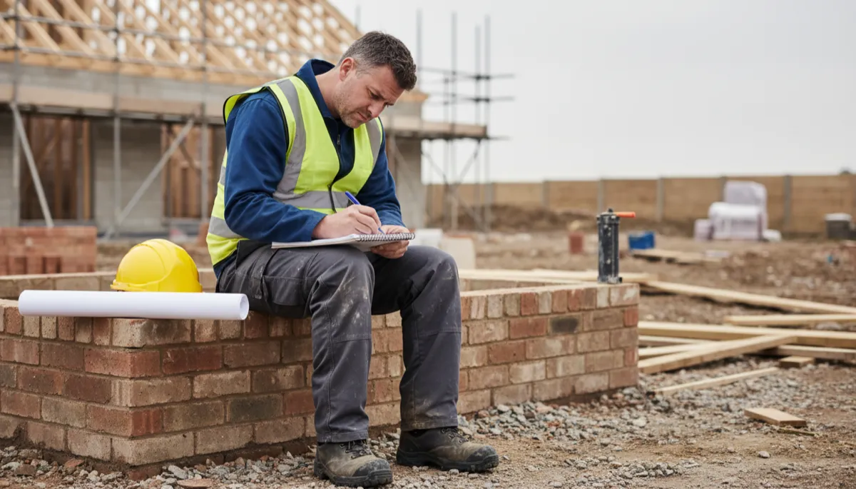 A British builder in workwear sitting on a low wall at a job site writing up a detailed job quote on a notepad
