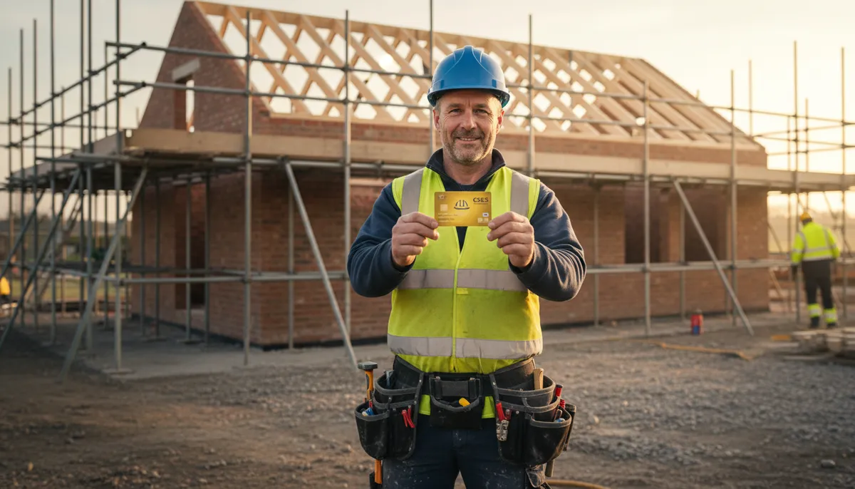 A British builder holding a CSCS gold card up on a construction site, scaffolding and a partly built brick extension behind him
