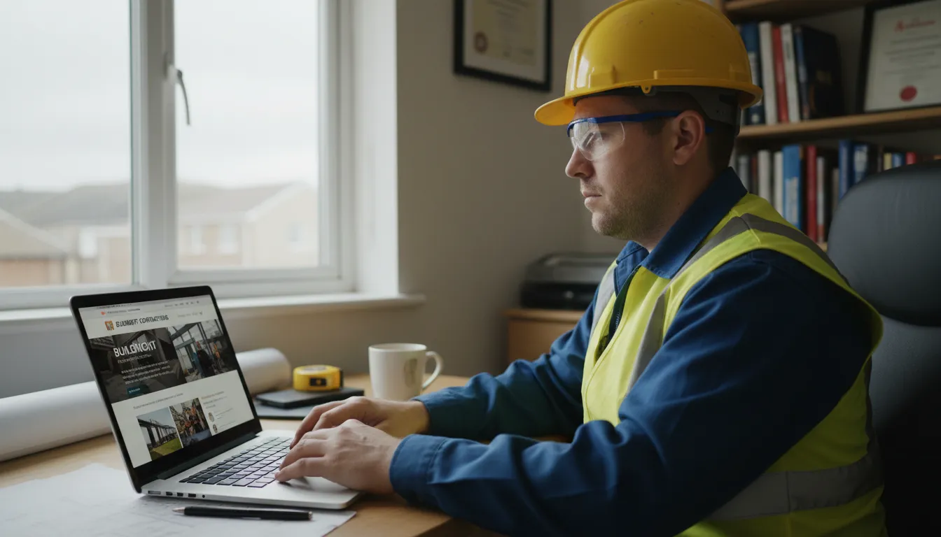 A British builder in a high-vis vest looking at a professional business website on a laptop in a home office
