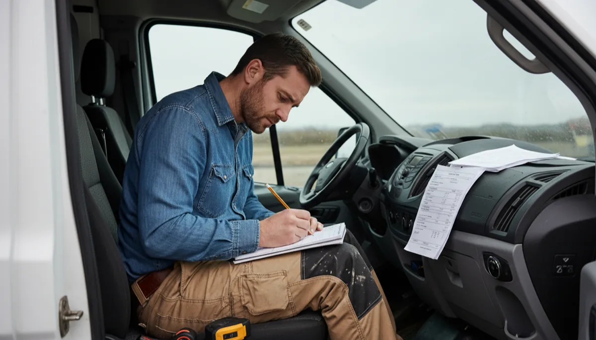 A British carpenter in work clothes calculating costs on a notepad while sitting in the front seat of a white work van