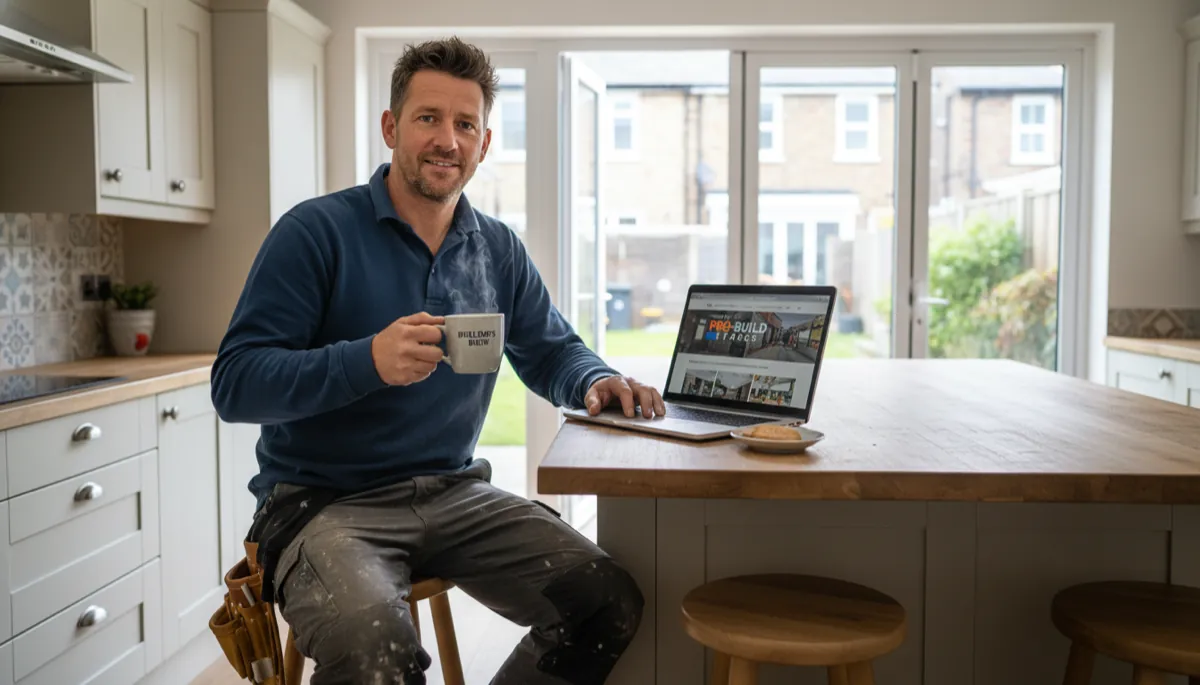 A British tradesperson in work clothes looking at a professional business website on a laptop in their kitchen