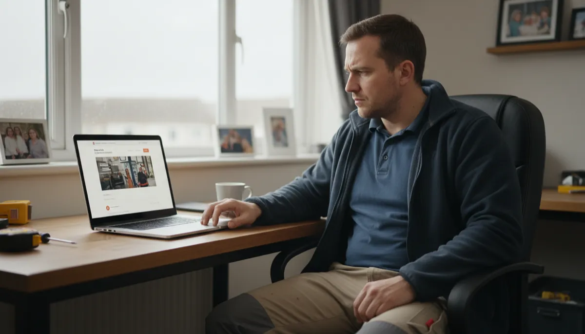 A British tradesperson in work clothes looking at a professional business website on a laptop in a home office