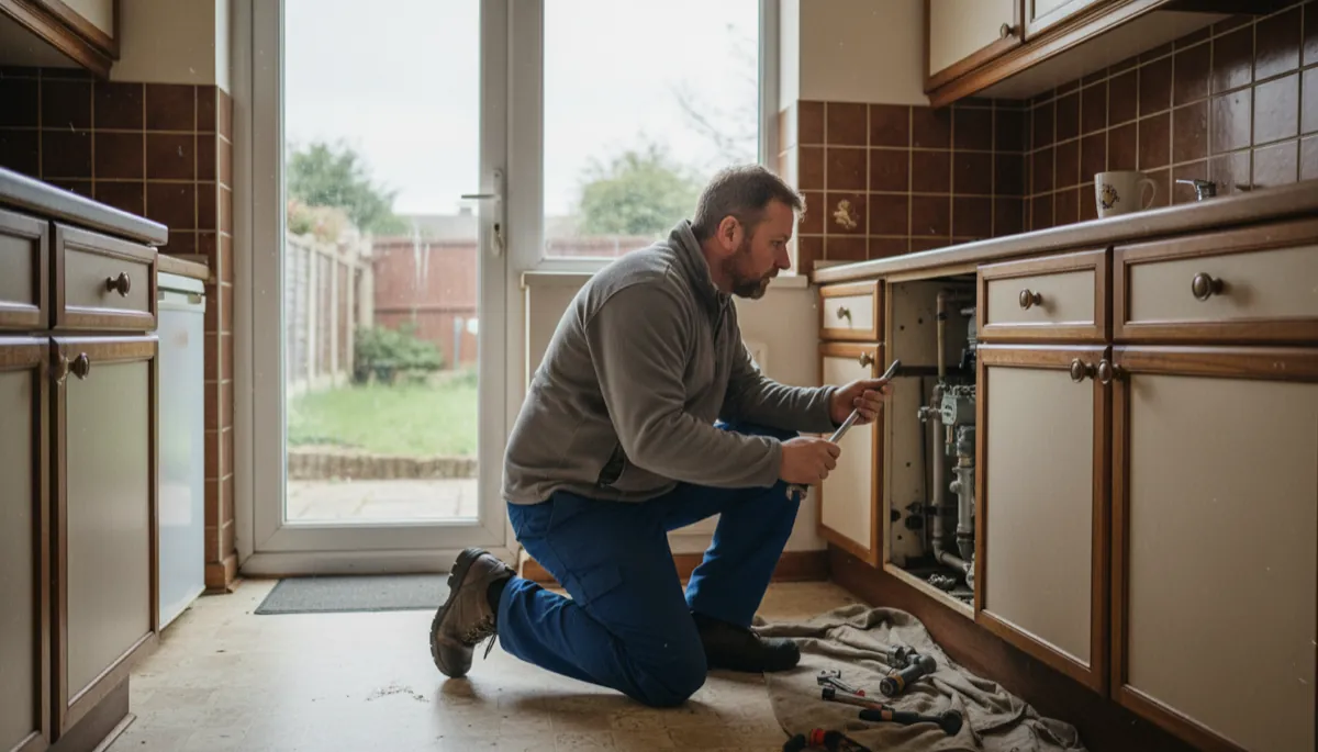 A British tradesperson in work clothes at work in a typical British residential setting