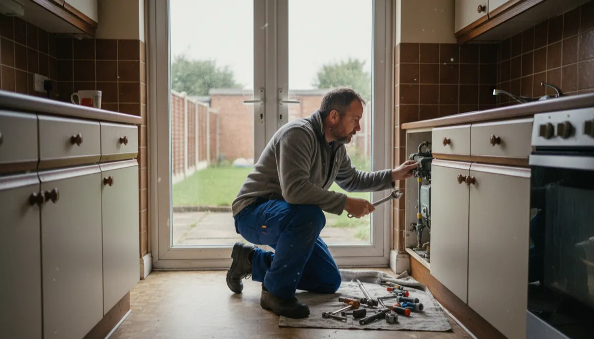 A British tradesperson in work clothes at work in a typical British residential setting
