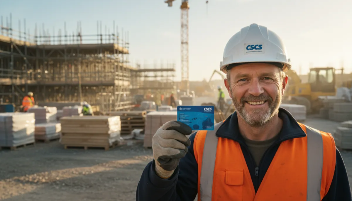 A British construction worker in a hard hat and hi-vis vest holding up a CSCS blue card at a busy UK construction site