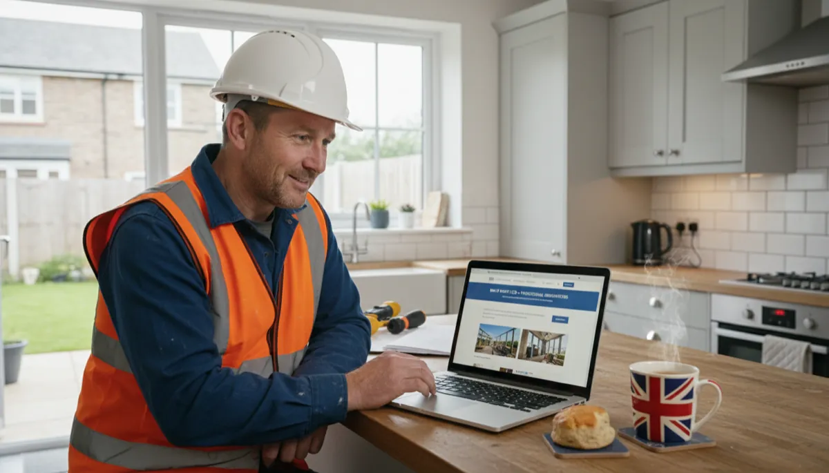 A British builder in a high-vis vest and hard hat looking at a professional business website on a laptop in their kitchen