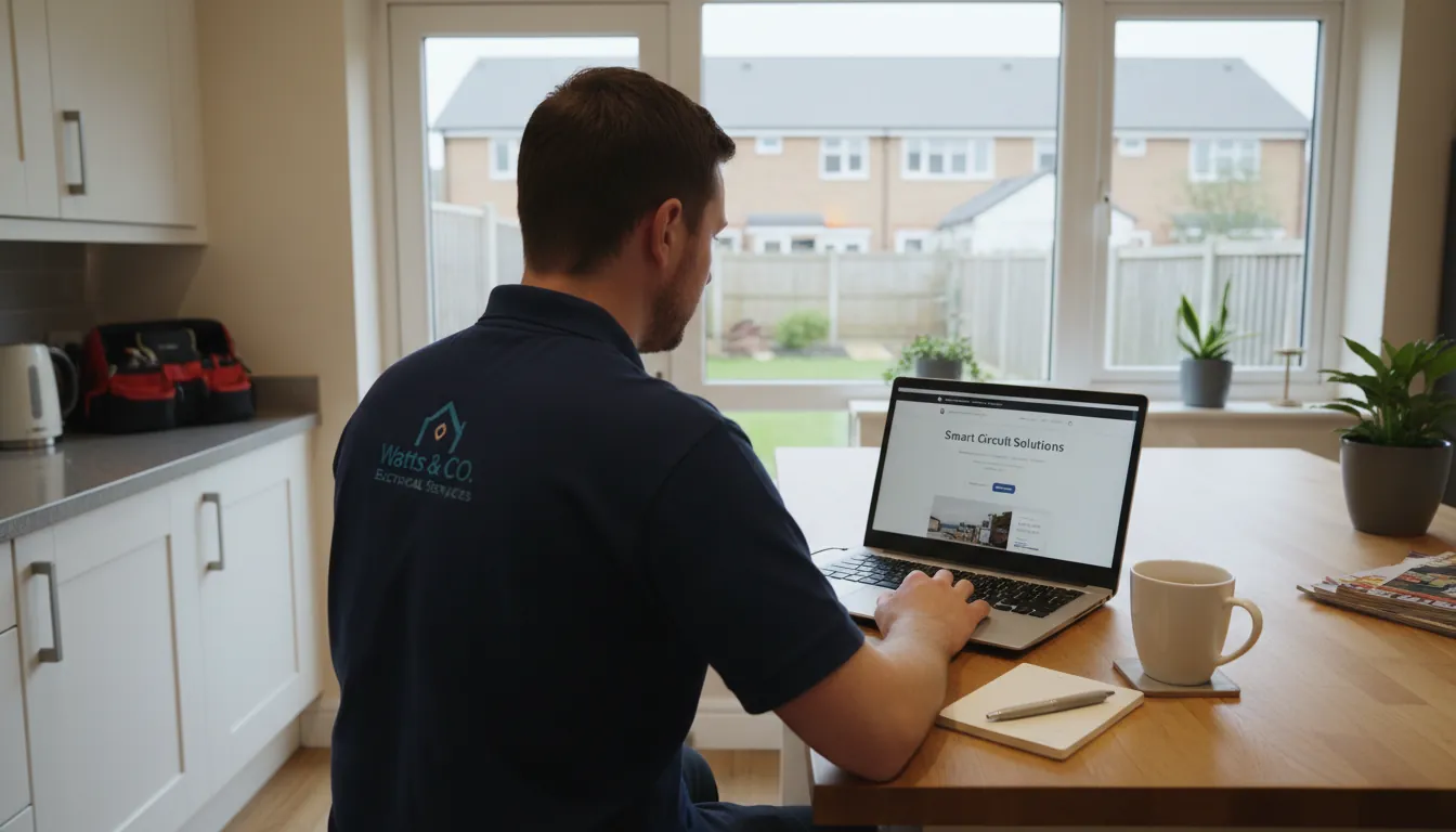 A British electrician in a navy polo looking at a professional business website on a laptop in their kitchen