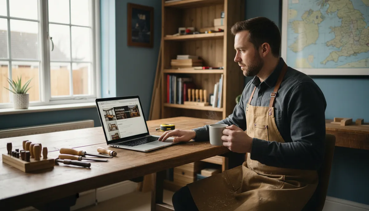 A British joiner reviewing a professionally built joinery website on a tablet in his workshop, bespoke furniture pieces visible behind him