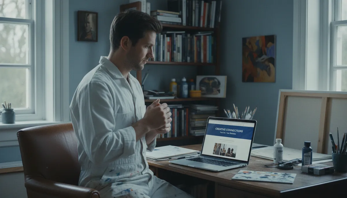 A British painter in white overalls looking at a professional business website on a laptop in a home office