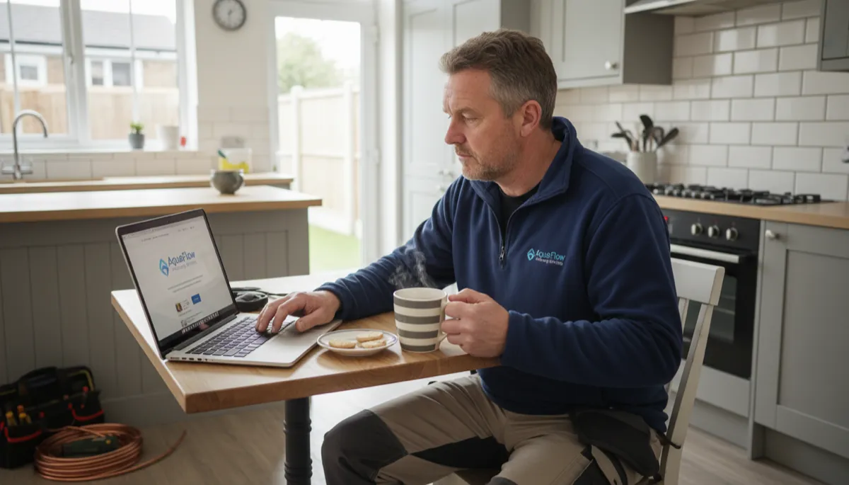 A British plumber in work trousers and a fleece looking at a professional business website on a laptop in their kitchen