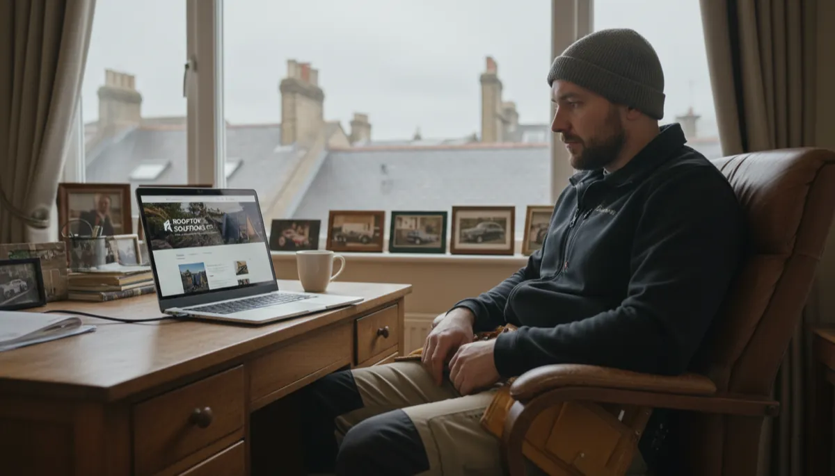 A British roofer in work gear on a roof looking at a professional business website on a laptop in a home office