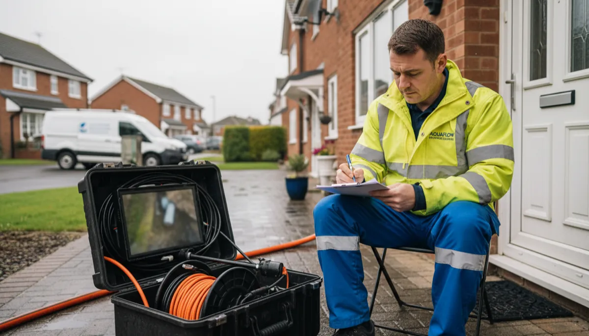 A British drainage engineer writing up a quote on a clipboard at a residential property