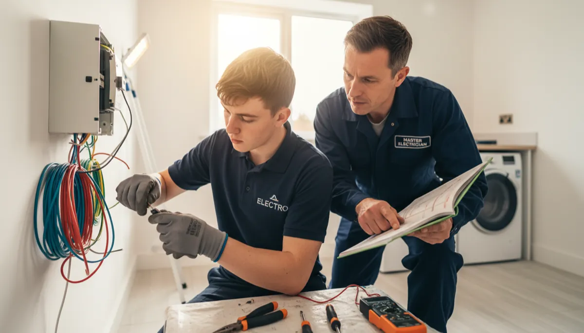 A young electrical apprentice in a navy polo working on a consumer unit installation under the close supervision of a qualified electrician