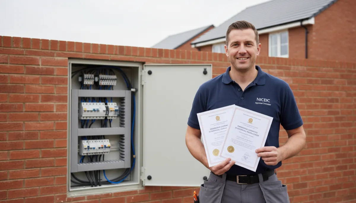 A British electrician in a navy polo holding up professional certification documents proudly