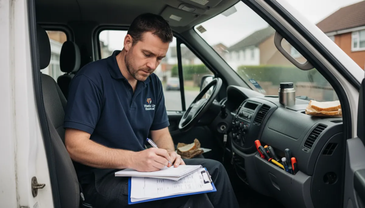 A British electrician in a navy polo calculating costs on a notepad while sitting in the front seat of a white work van