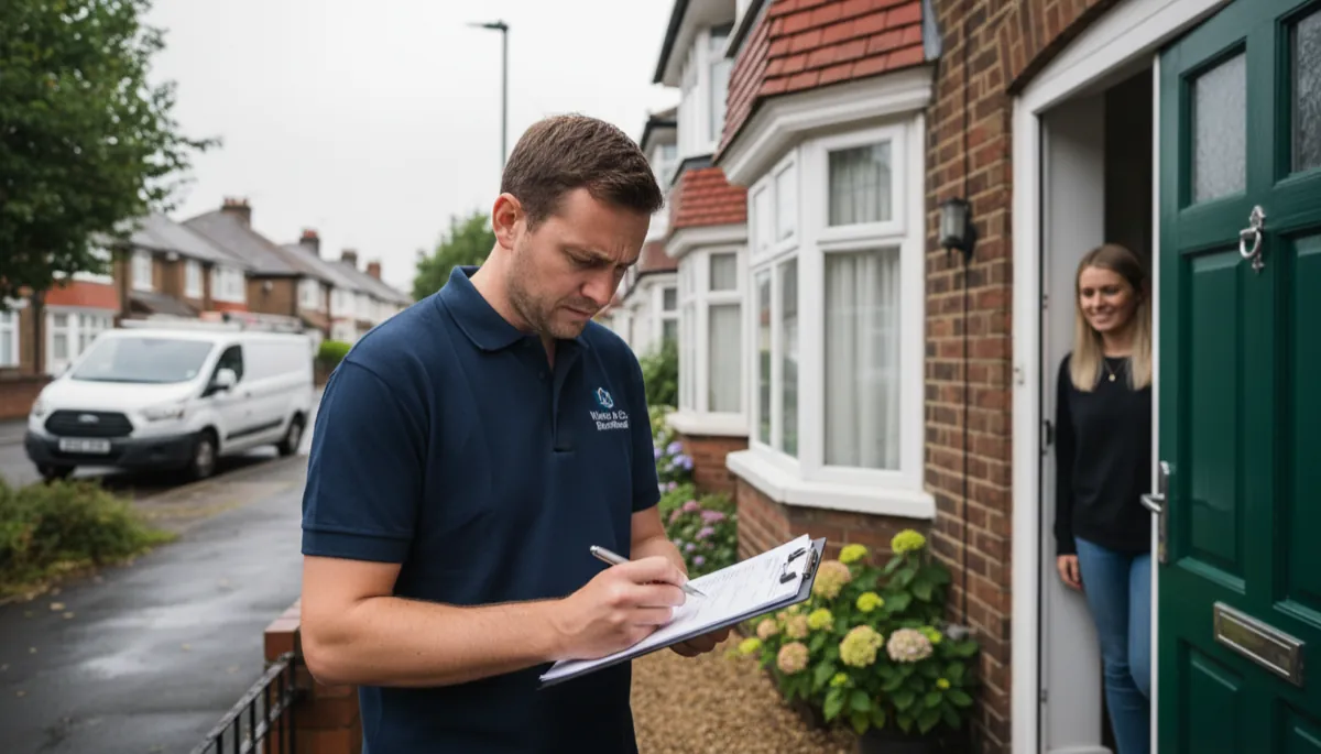 A British electrician in a navy polo writing up a quote on a clipboard while standing at a customer doorway of a British semi-detached house