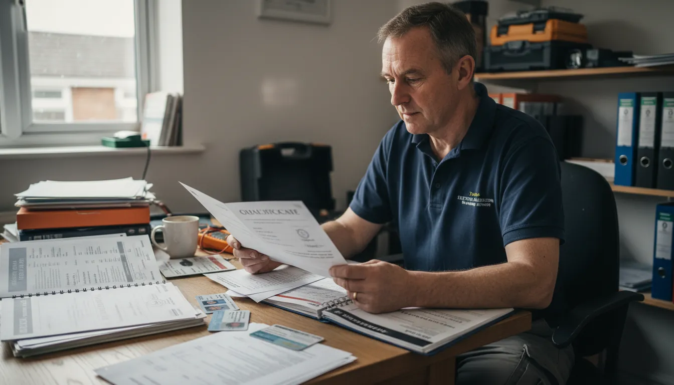 A British electrician in a navy polo reviewing qualification certificates and course documents at a desk