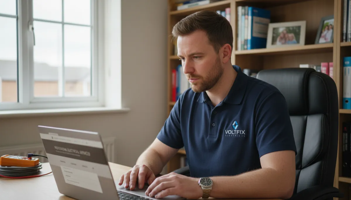A British electrician in a navy polo looking at a professional business website on a laptop in a home office