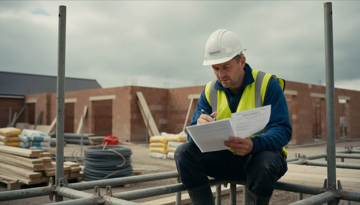 A British builder in a high-vis vest and hard hat reviewing insurance documents on a building site, seated on scaffolding