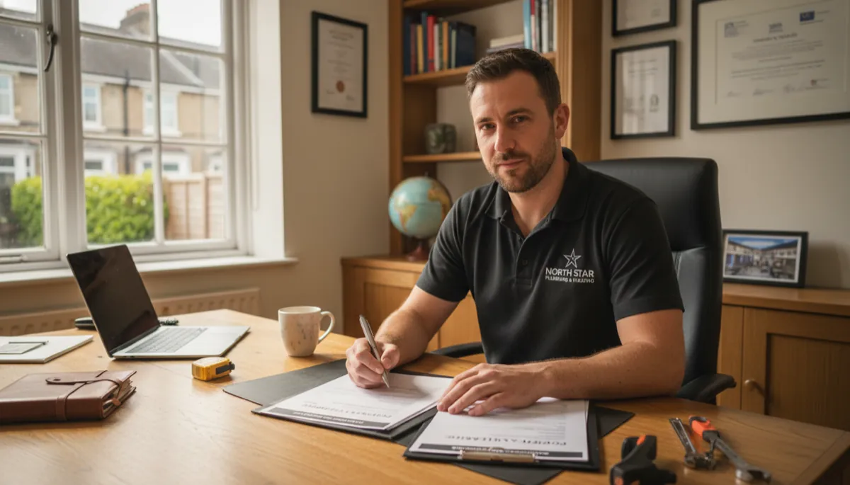 A tradesperson in workwear signing insurance documents at a tidy wooden desk in a British home office
