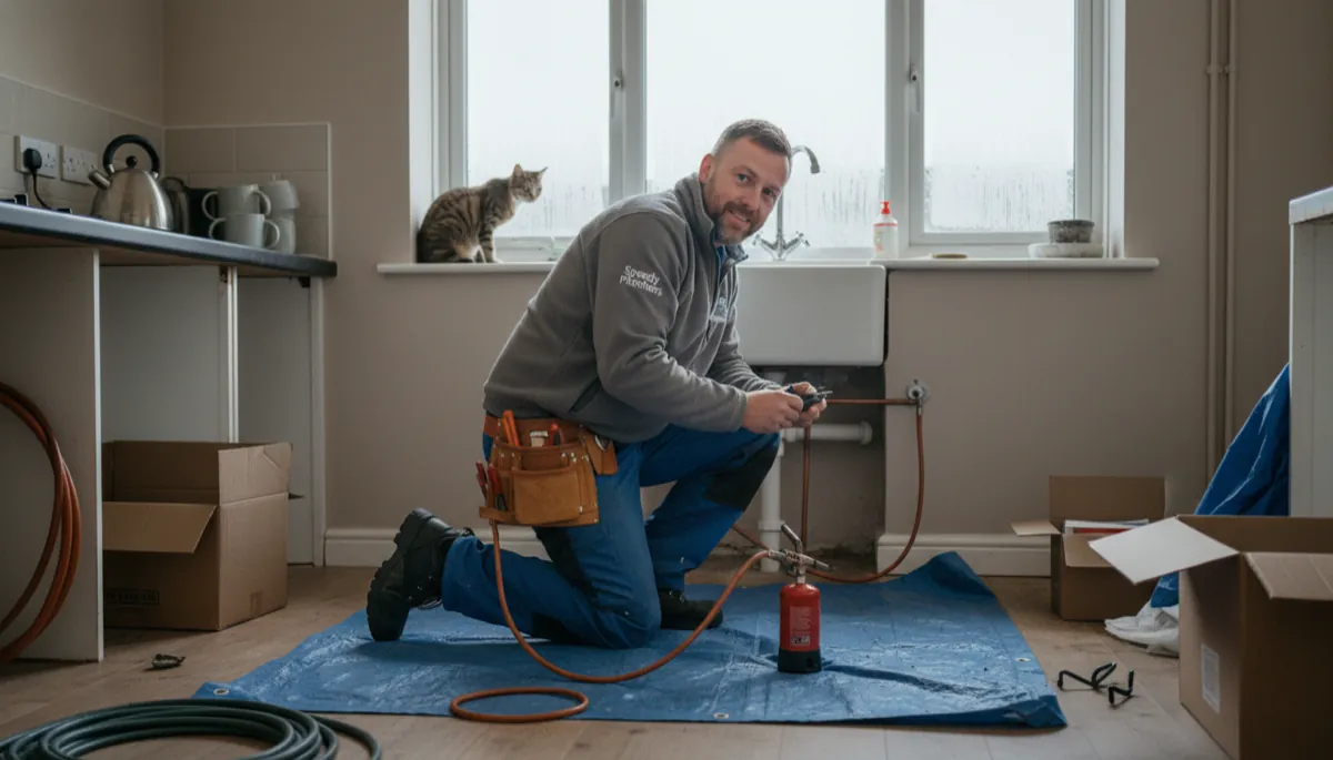 A British tradesperson in work clothes at work in a typical British residential setting