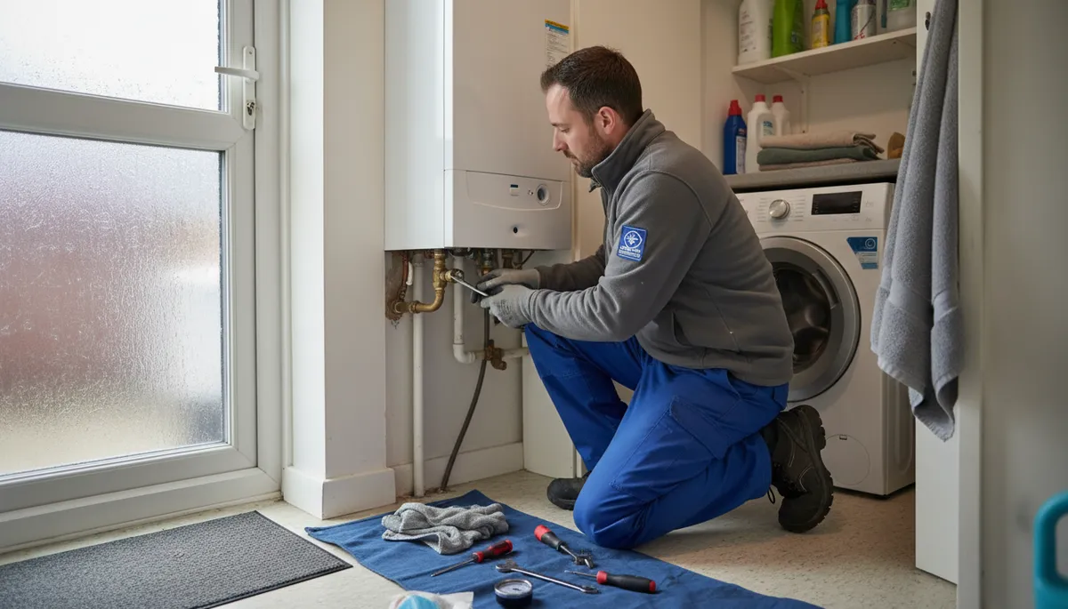 Close-up of an official Gas Safe Register ID card held by a heating engineer in a navy polo