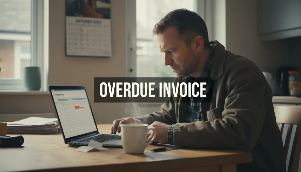 A British tradesperson reviewing an overdue invoice on a laptop with a slightly frustrated expression