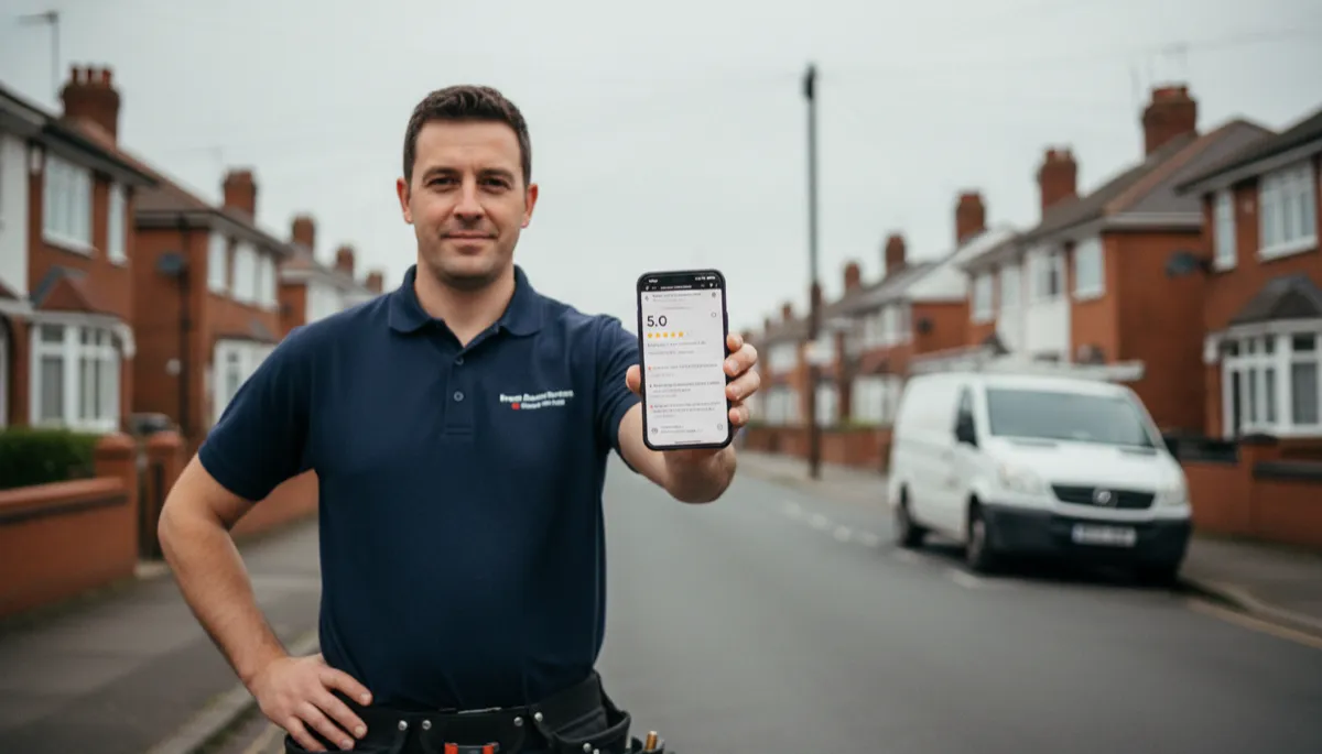 A British electrician in a navy polo holding a smartphone showing a Google Business Profile with 5-star reviews