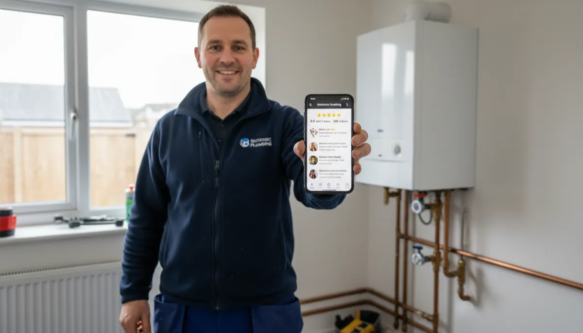 A British plumber in work trousers and a fleece holding a smartphone showing a Google Business Profile with 5-star reviews