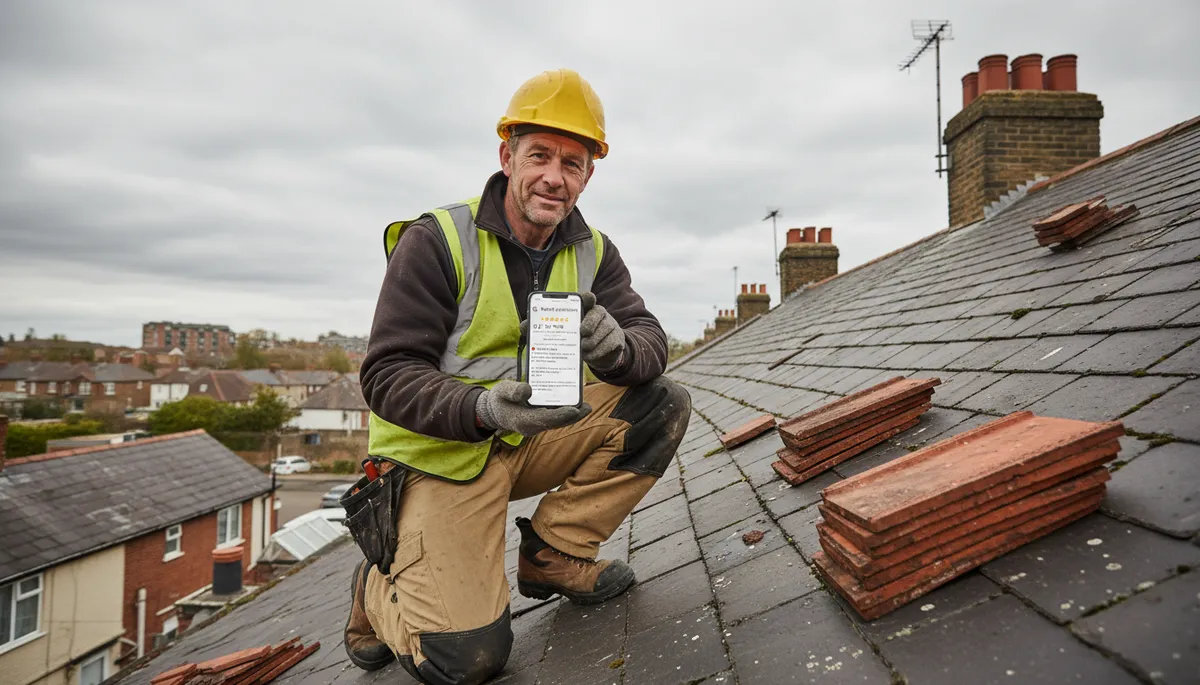 A British roofer in work gear on a roof holding a smartphone showing a Google Business Profile with 5-star reviews