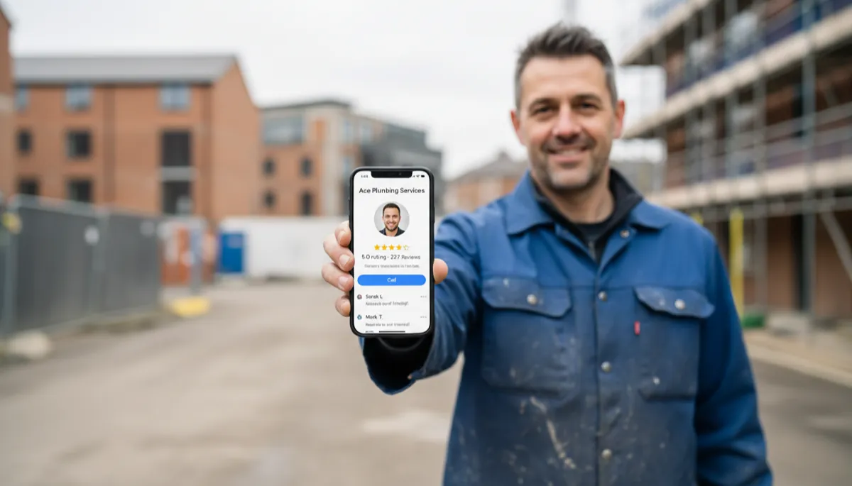 A British tradesperson in work clothes holding a smartphone showing a Google Business Profile with 5-star reviews