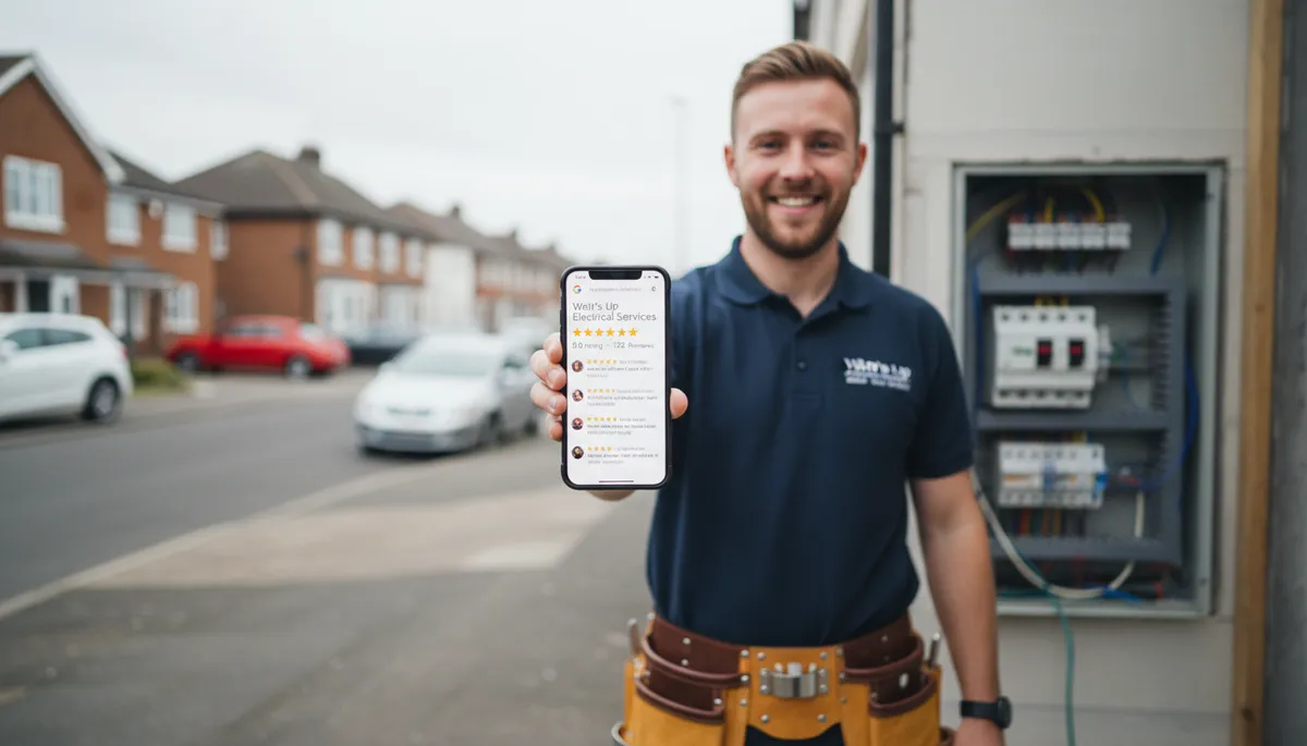A British electrician in a navy polo holding a smartphone showing a Google Business Profile with 5-star reviews