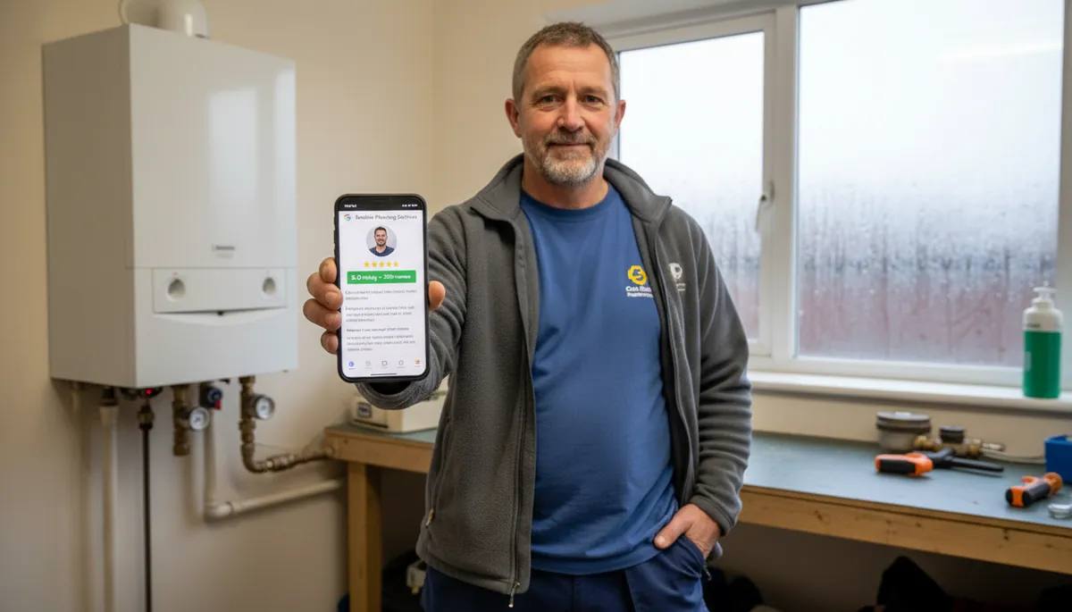 A British plumber in work trousers and a fleece holding a smartphone showing a Google Business Profile with 5-star reviews