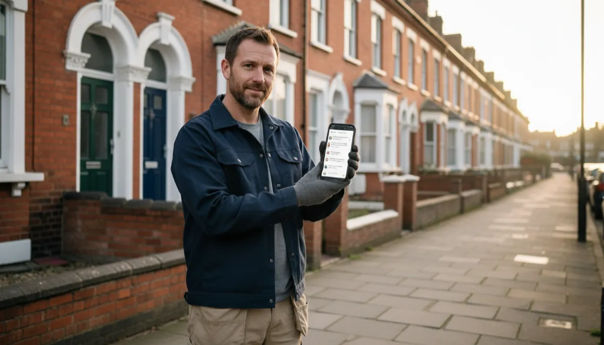 A British tradesperson in work clothes holding a smartphone showing Google Maps search results with local business listings