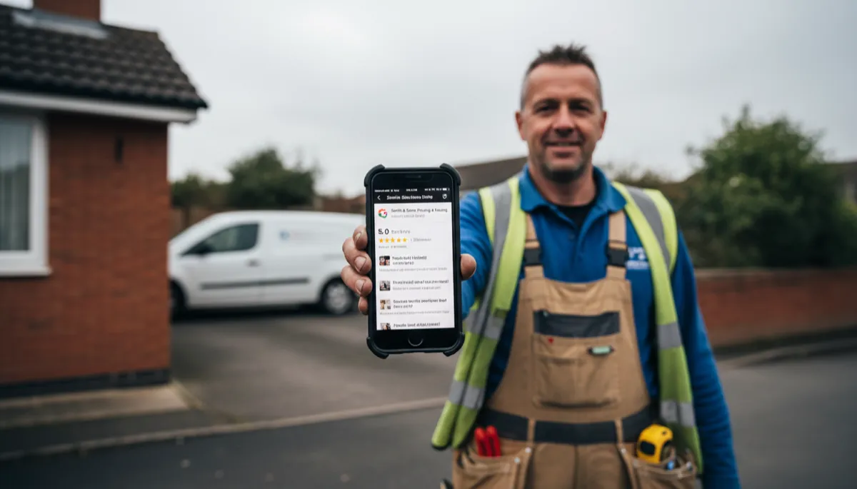 A British tradesperson in work clothes holding a smartphone showing a Google Business Profile with 5-star reviews