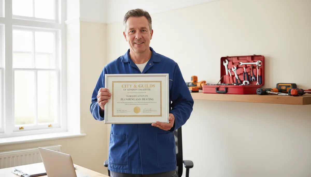 A British handyman holding a City and Guilds qualification certificate in a bright home office, tools and a toolbox visible on a shelf behind him