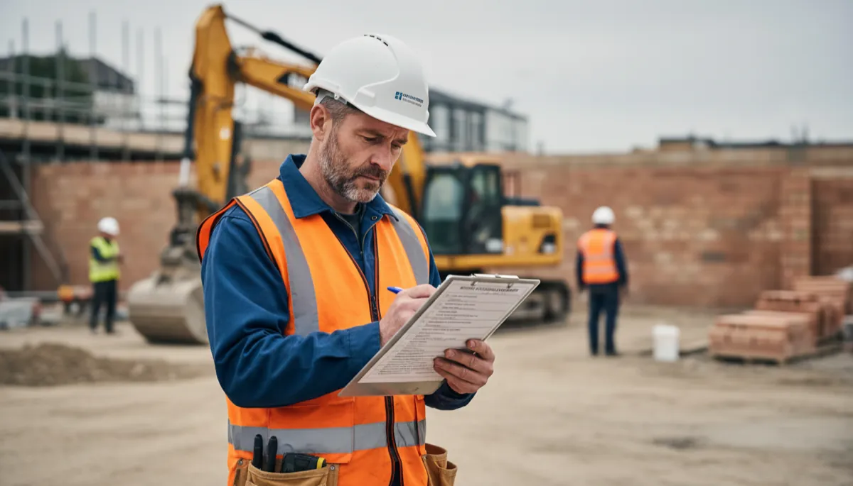 A British tradesperson reviewing a health and safety method statement checklist on a clipboard at a job site