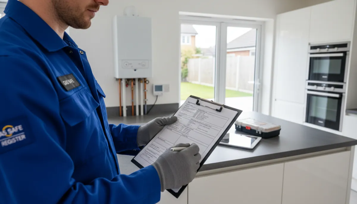 A Gas Safe registered heating engineer writing up a detailed boiler service quote on a clipboard in a customer's modern British kitchen