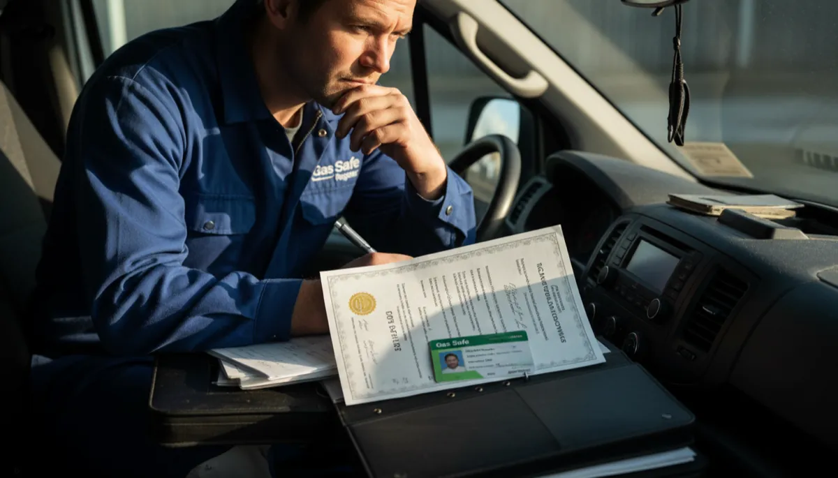 A Gas Safe registered heating engineer reviewing his qualification certificates spread on the dashboard of his service van