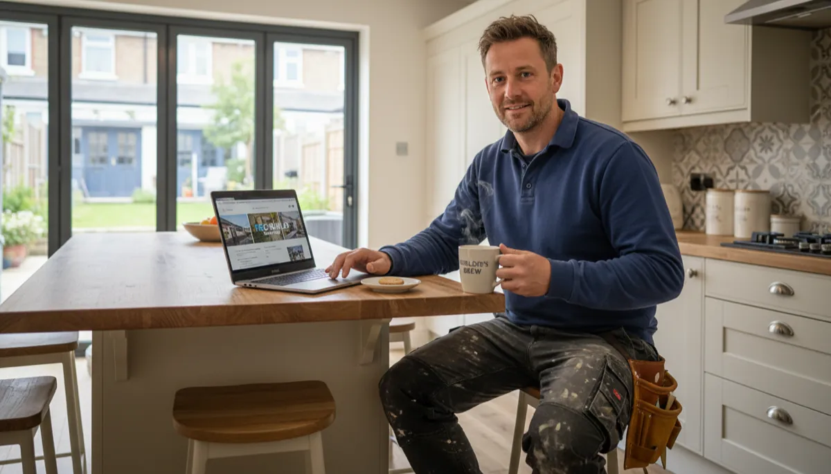 A British tradesperson in work clothes looking at a professional business website on a laptop in their kitchen