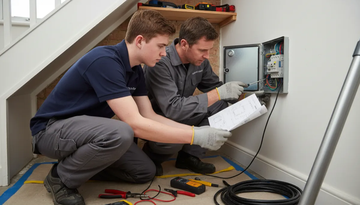 A young British electrical apprentice in a navy polo working alongside a qualified electrician